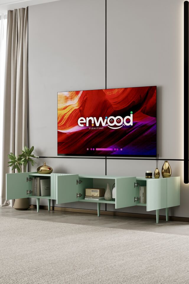 Capella Tv Ünitesi 200 cm 5 kapaklı ayaklı MDF (8 renk seçeneği) MİNT YEŞİLİ