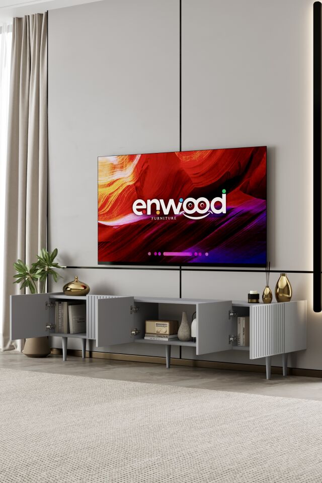 Capella Tv Ünitesi 200 cm 5 kapaklı ayaklı MDF (8 renk seçeneği) SİS GRİ