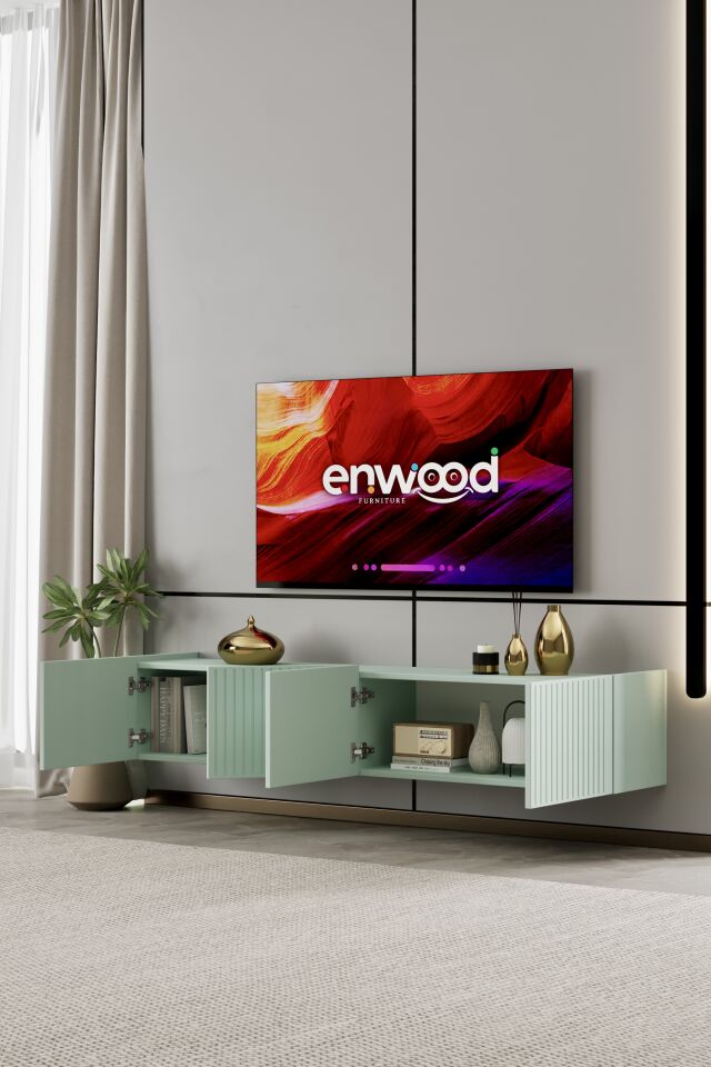 Capella Tv Ünitesi 180 cm 4 kapaklı duvara monte MDF (8 renk seçeneği) MİNT YEŞİLİ