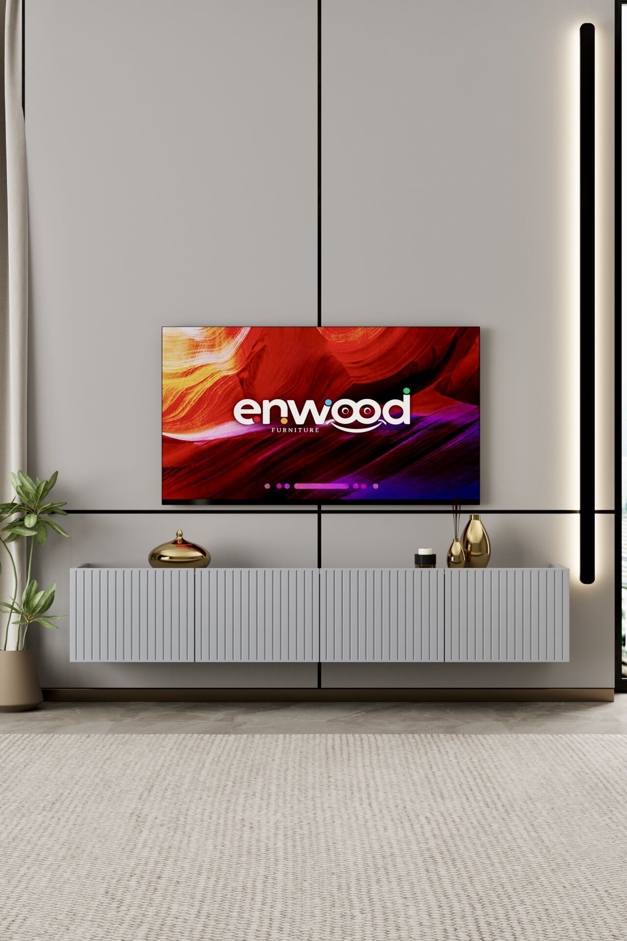 Capella Tv Ünitesi 160 cm 6 kapaklı duvara monte MDF (8 renk seçeneği) SİS GRİ
