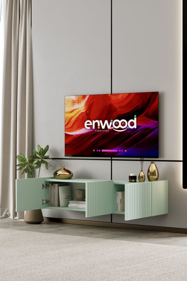 Capella Tv Ünitesi 140 cm 3 kapaklı duvara monte MDF (8 renk seçeneği) MİNT YEŞİLİ