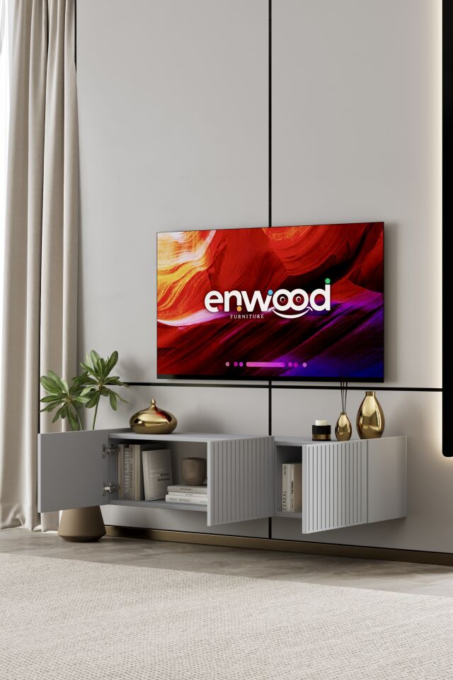 Capella Tv Ünitesi 140 cm 3 kapaklı duvara monte MDF (8 renk seçeneği) SİS GRİ