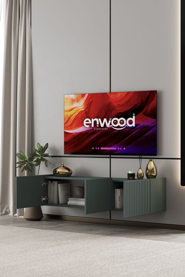 Capella Tv Ünitesi 140 cm 3 kapaklı duvara monte MDF (8 renk seçeneği) ZEYTİN TAŞI