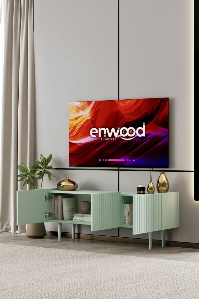 Capella Tv Ünitesi 140 cm 3 kapaklı ayaklı MDF (8 renk seçeneği) MİNT YEŞİLİ
