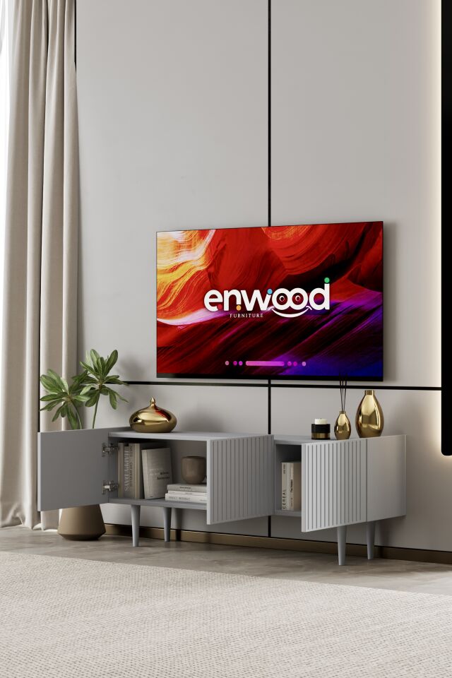 Capella Tv Ünitesi 140 cm 3 kapaklı ayaklı MDF (8 renk seçeneği) SİS GRİ