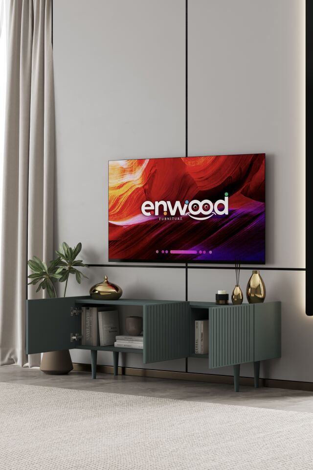 Capella Tv Ünitesi 140 cm 3 kapaklı ayaklı MDF (8 renk seçeneği) ZEYTİN TAŞI