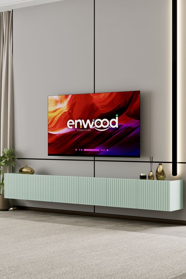 Capella Tv Ünitesi 240 cm 6 kapaklı duvara monte MDF (8 renk seçeneği) MİNT YEŞİLİ