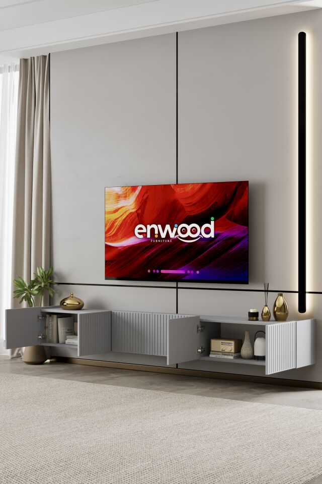 Capella Tv Ünitesi 240 cm 6 kapaklı duvara monte MDF (8 renk seçeneği) SİS GRİ