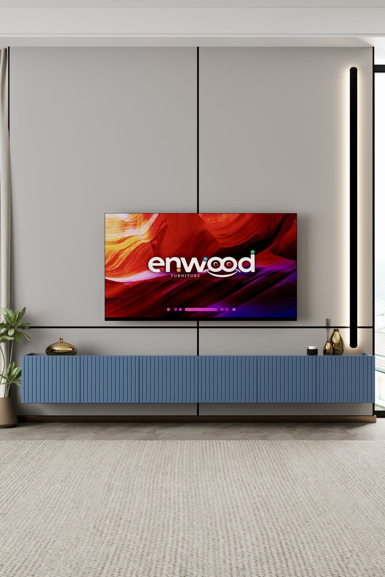 Capella Tv Ünitesi 240 cm 6 kapaklı duvara monte MDF (8 renk seçeneği) DUMAN MAVİ