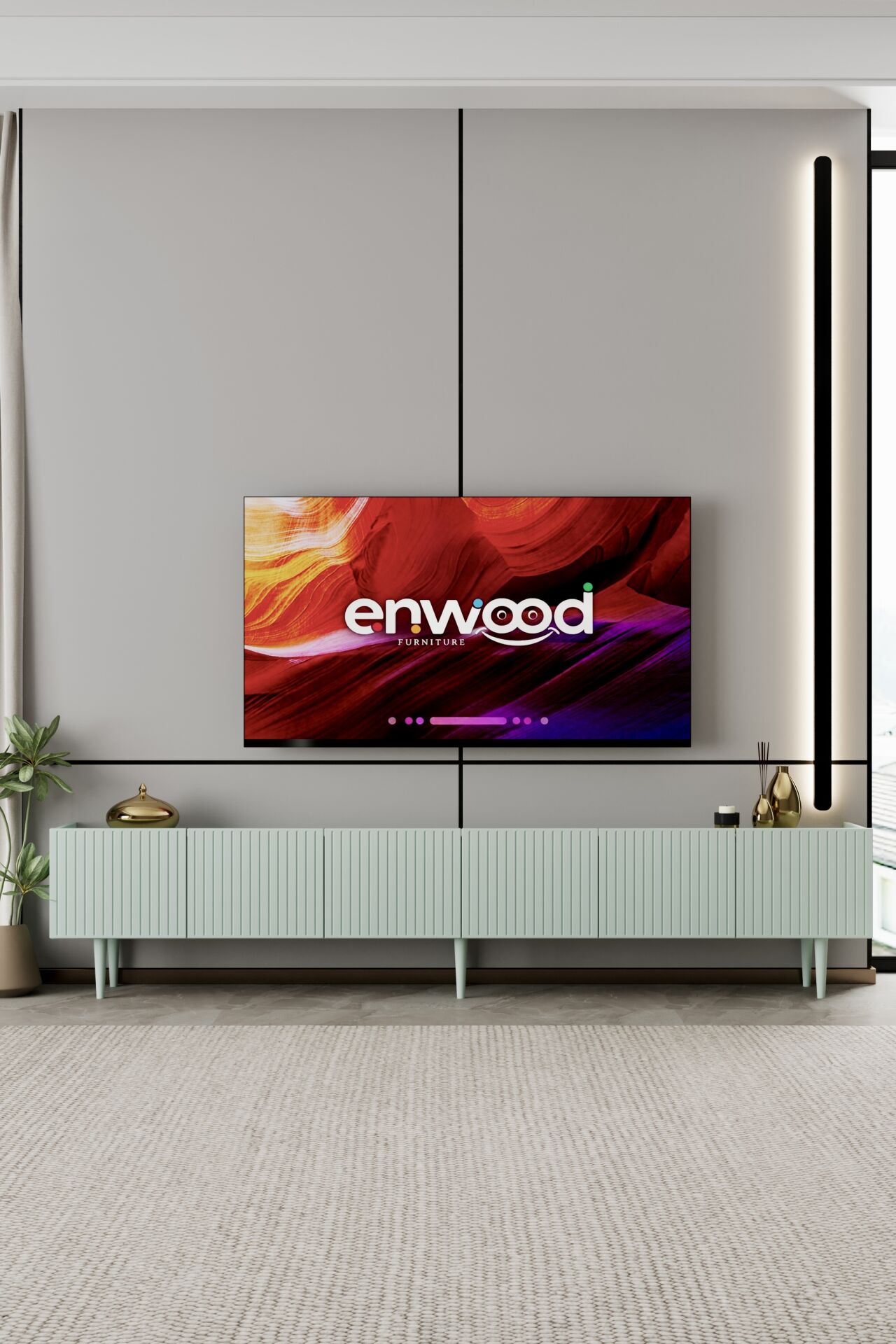Capella Tv Ünitesi 240 cm 6 kapaklı ayaklı MDF (8 renk seçeneği) MİNT YEŞİLİ