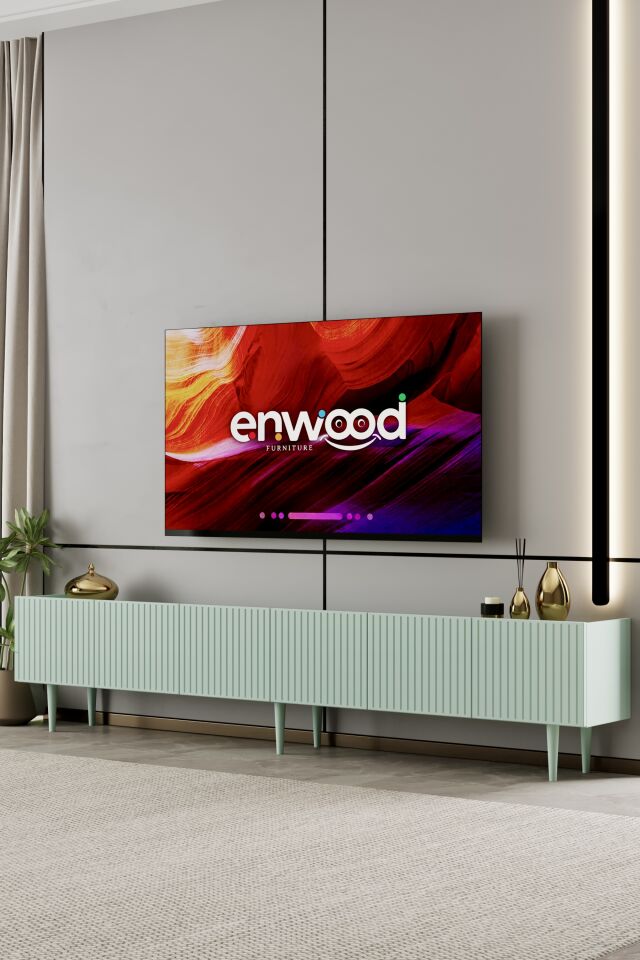 Capella Tv Ünitesi 240 cm 6 kapaklı ayaklı MDF (8 renk seçeneği) MİNT YEŞİLİ