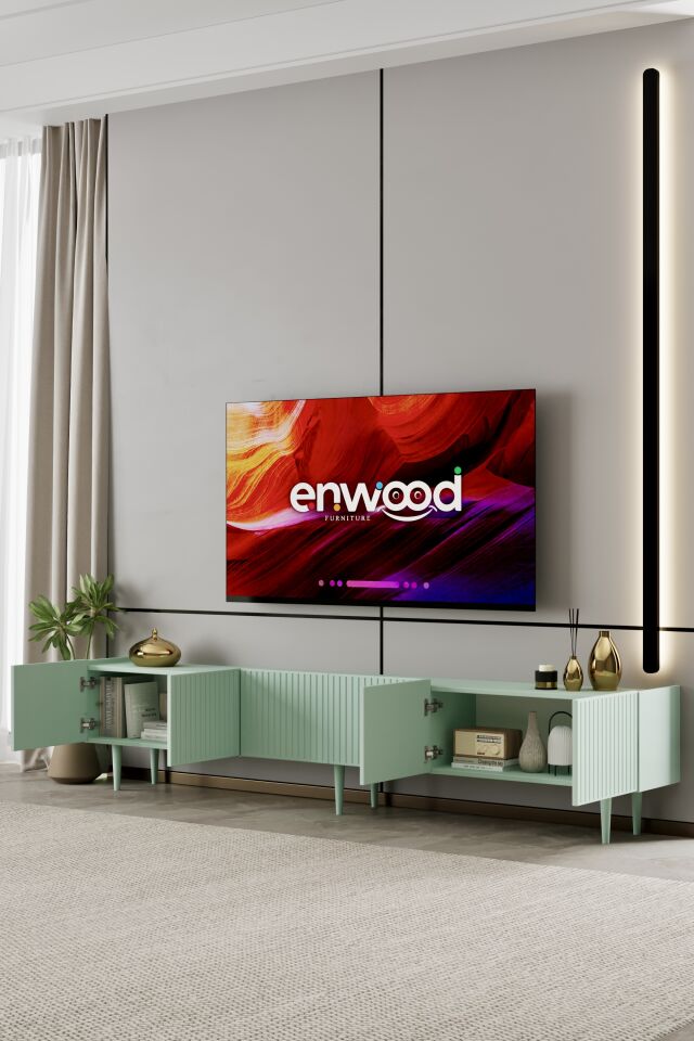 Capella Tv Ünitesi 240 cm 6 kapaklı ayaklı MDF (8 renk seçeneği) MİNT YEŞİLİ