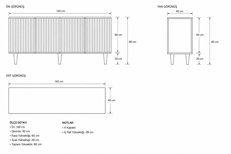 Capella 160 cm Ahşap Ayaklı Konsol | Raflı 4 Kapaklı MDF MİNT YEŞİLİ