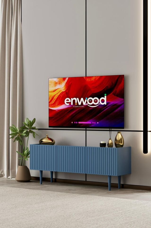 Capella 120 cm Ayaklı TV Ünitesi | Kapaklı Raflı MDF DUMAN MAVİ