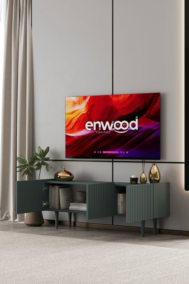 Capella 120 cm Ayaklı TV Ünitesi | Kapaklı Raflı MDF ZEYTİN TAŞI