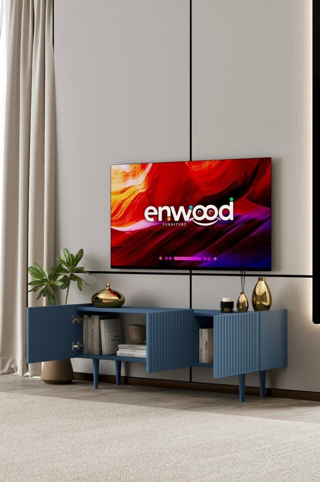 Capella TV Ünitesi 140 cm 3 Kapaklı Ayaklı MDF DUMAN MAVİ