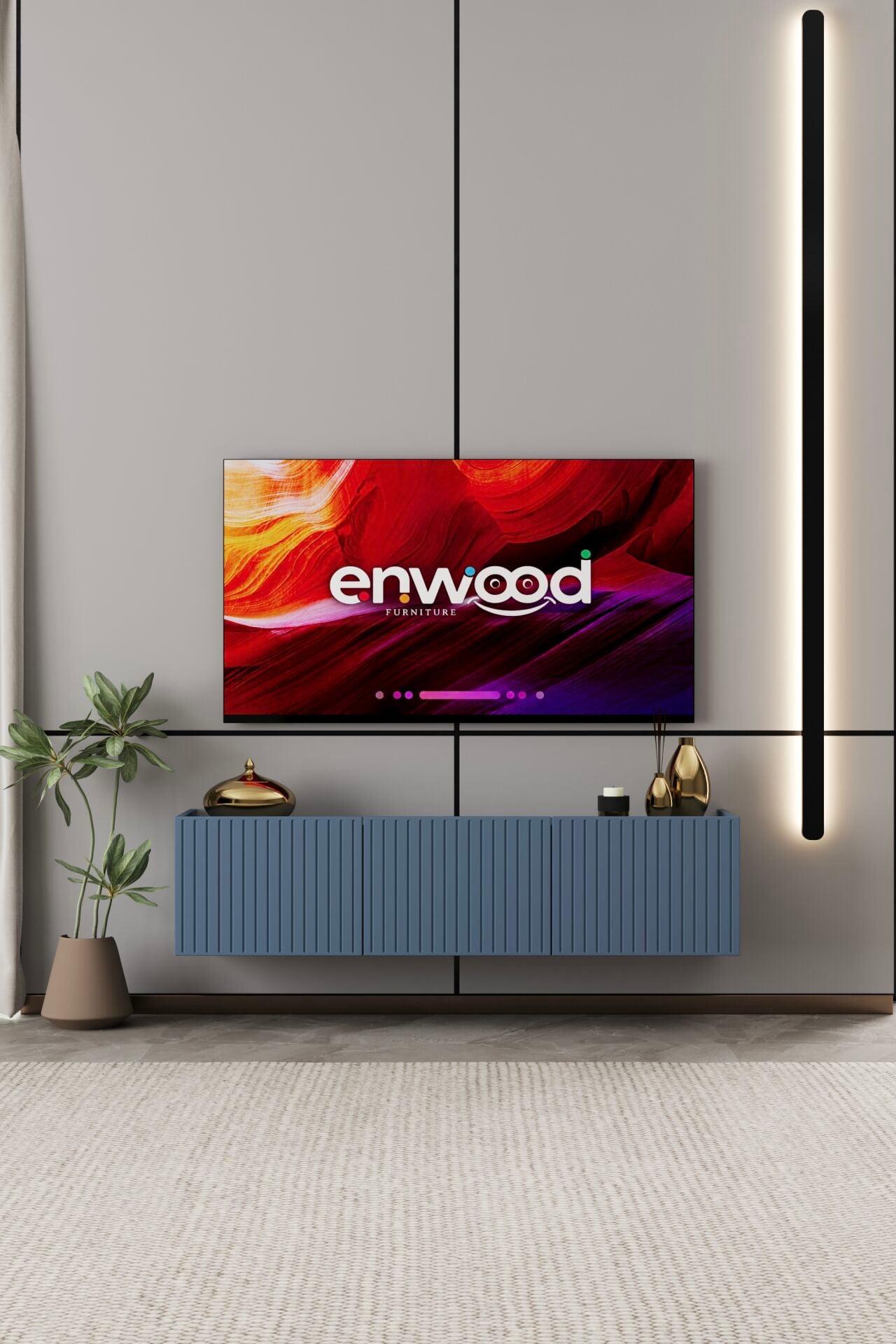 Capella TV Ünitesi 140 cm 3 Kapaklı Duvara Monte MDF DUMAN MAVİ