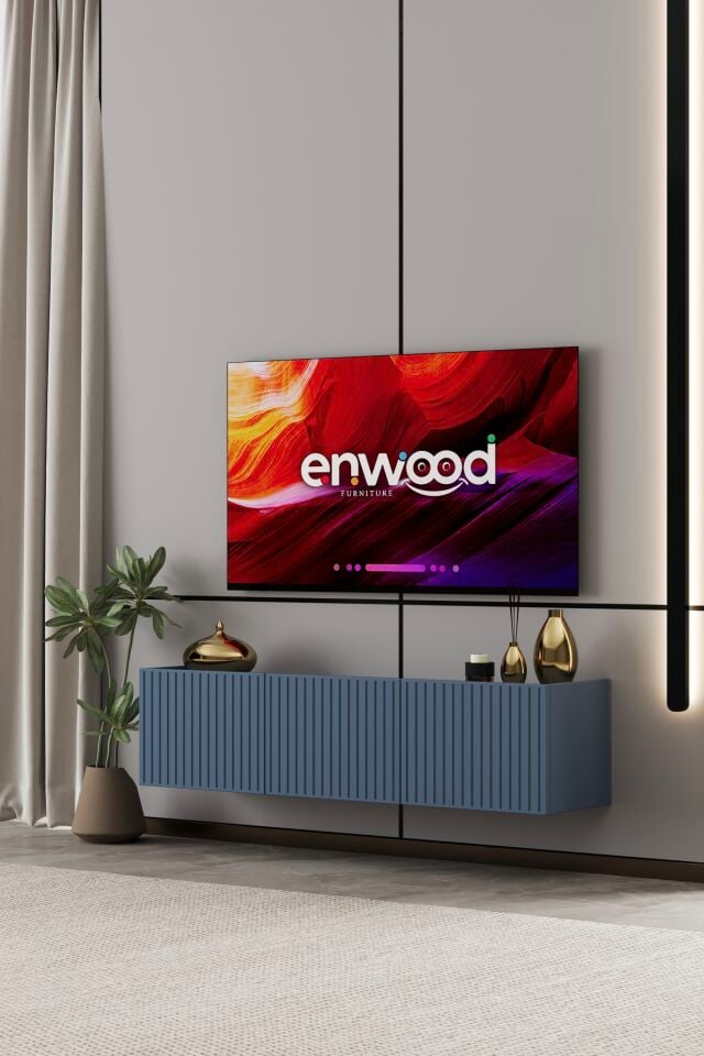 Capella TV Ünitesi 140 cm 3 Kapaklı Duvara Monte MDF DUMAN MAVİ