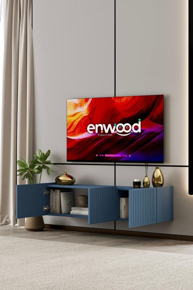 Capella TV Ünitesi 140 cm 3 Kapaklı Duvara Monte MDF DUMAN MAVİ