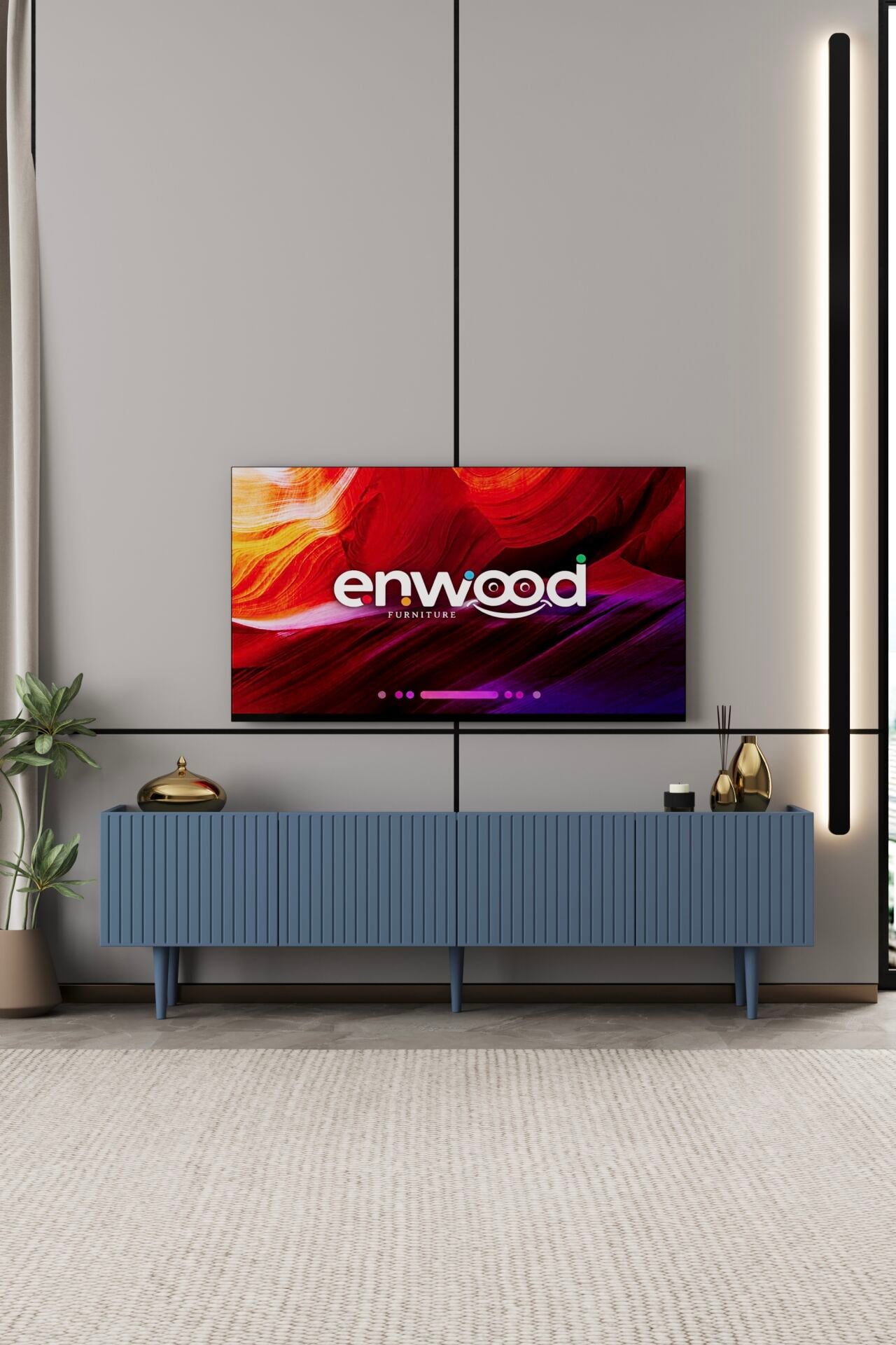 Capella TV Ünitesi 160 cm 4 Kapaklı Ayaklı MDF DUMAN MAVİ