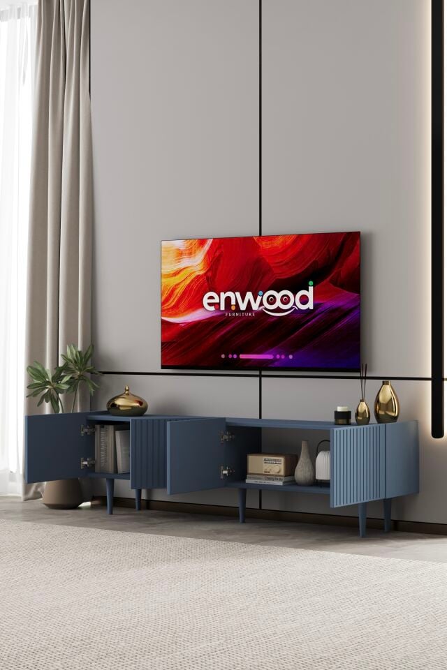 Capella 180 cm TV Ünitesi 4 Kapaklı Ayaklı MDF DUMAN MAVİ