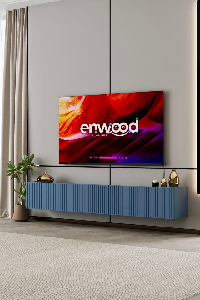 Capella 200 cm Ahşap Ayaklı TV Ünitesi | 5 Kapaklı MDF DUMAN MAVİ