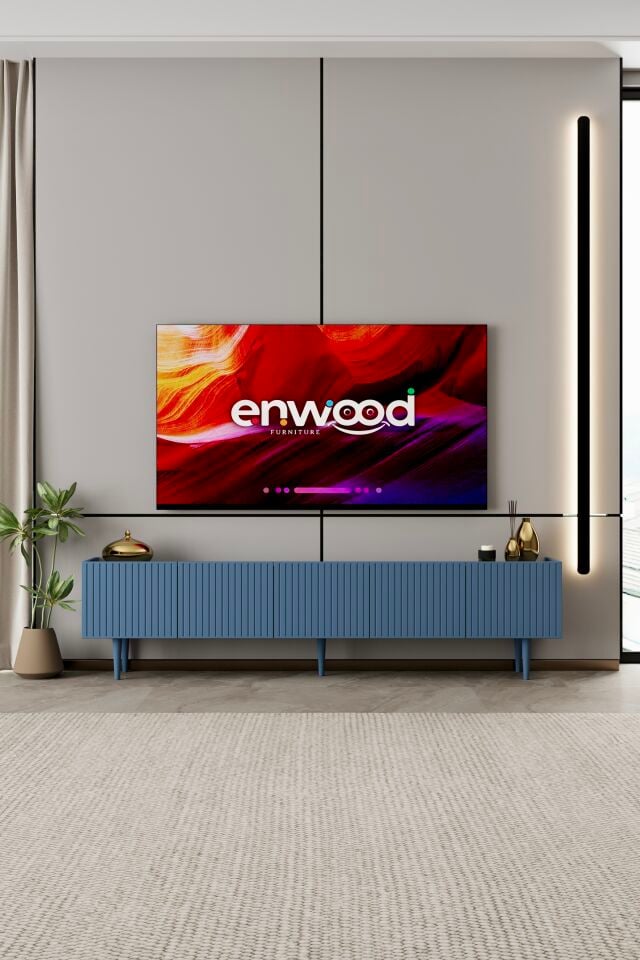 Capella 200 cm Ahşap Ayaklı TV Ünitesi | 5 Kapaklı MDF DUMAN MAVİ