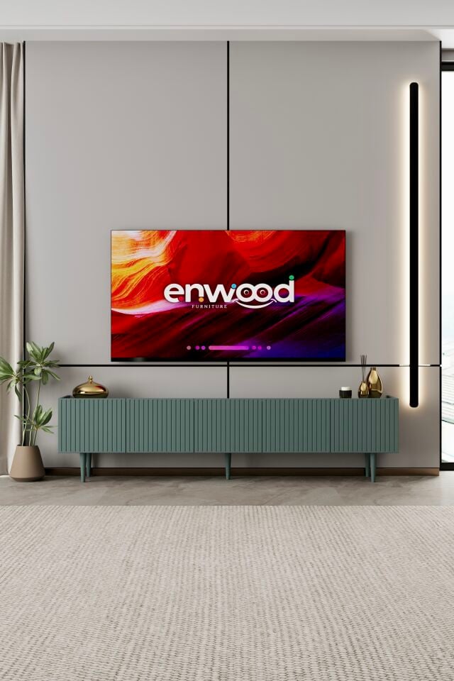 Capella 200 cm Ahşap Ayaklı TV Ünitesi | 5 Kapaklı MDF ZEYTİN TAŞI