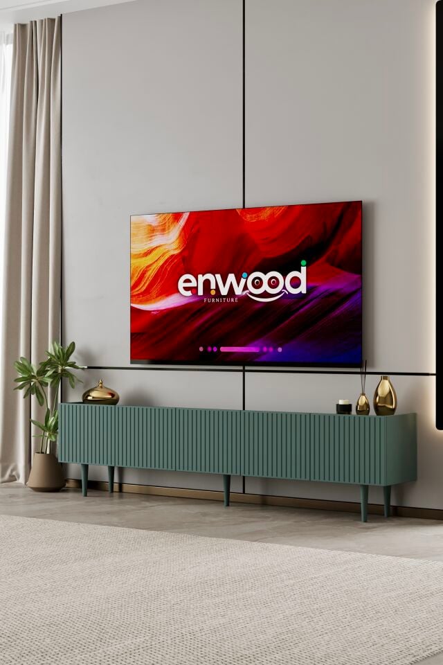 Capella 200 cm Ahşap Ayaklı TV Ünitesi | 5 Kapaklı MDF ZEYTİN TAŞI