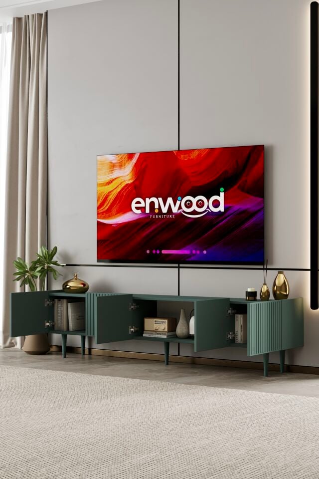 Capella 200 cm Ahşap Ayaklı TV Ünitesi | 5 Kapaklı MDF ZEYTİN TAŞI