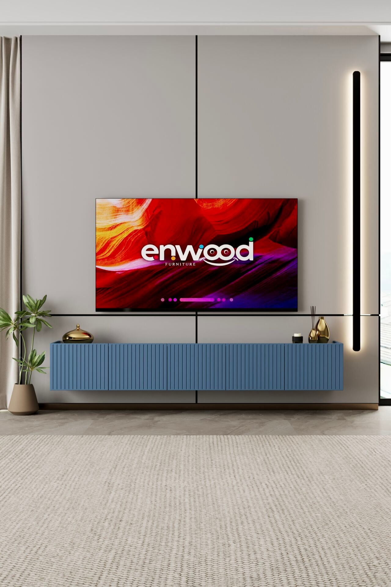 Capella 200 cm Duvara Monte TV Ünitesi | 5 Kapaklı MDF DUMAN MAVİ