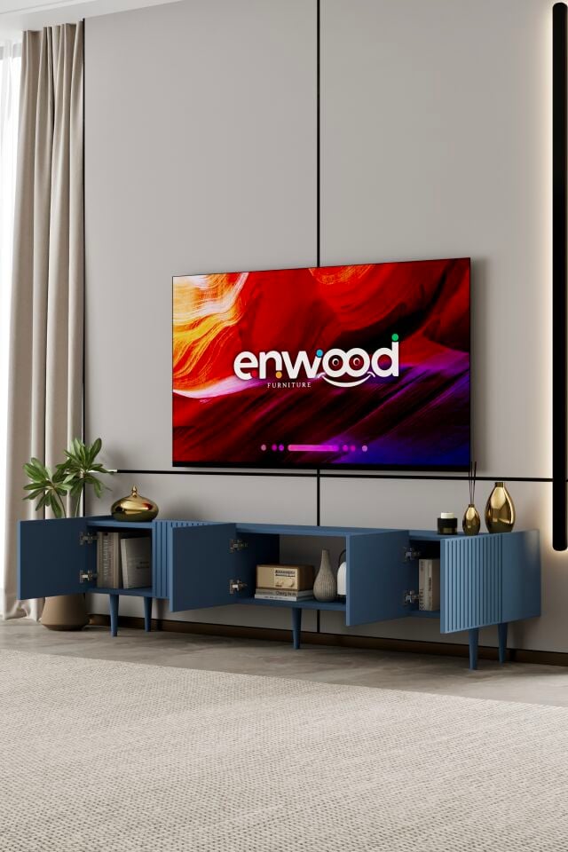 Capella 200 cm Duvara Monte TV Ünitesi | 5 Kapaklı MDF DUMAN MAVİ