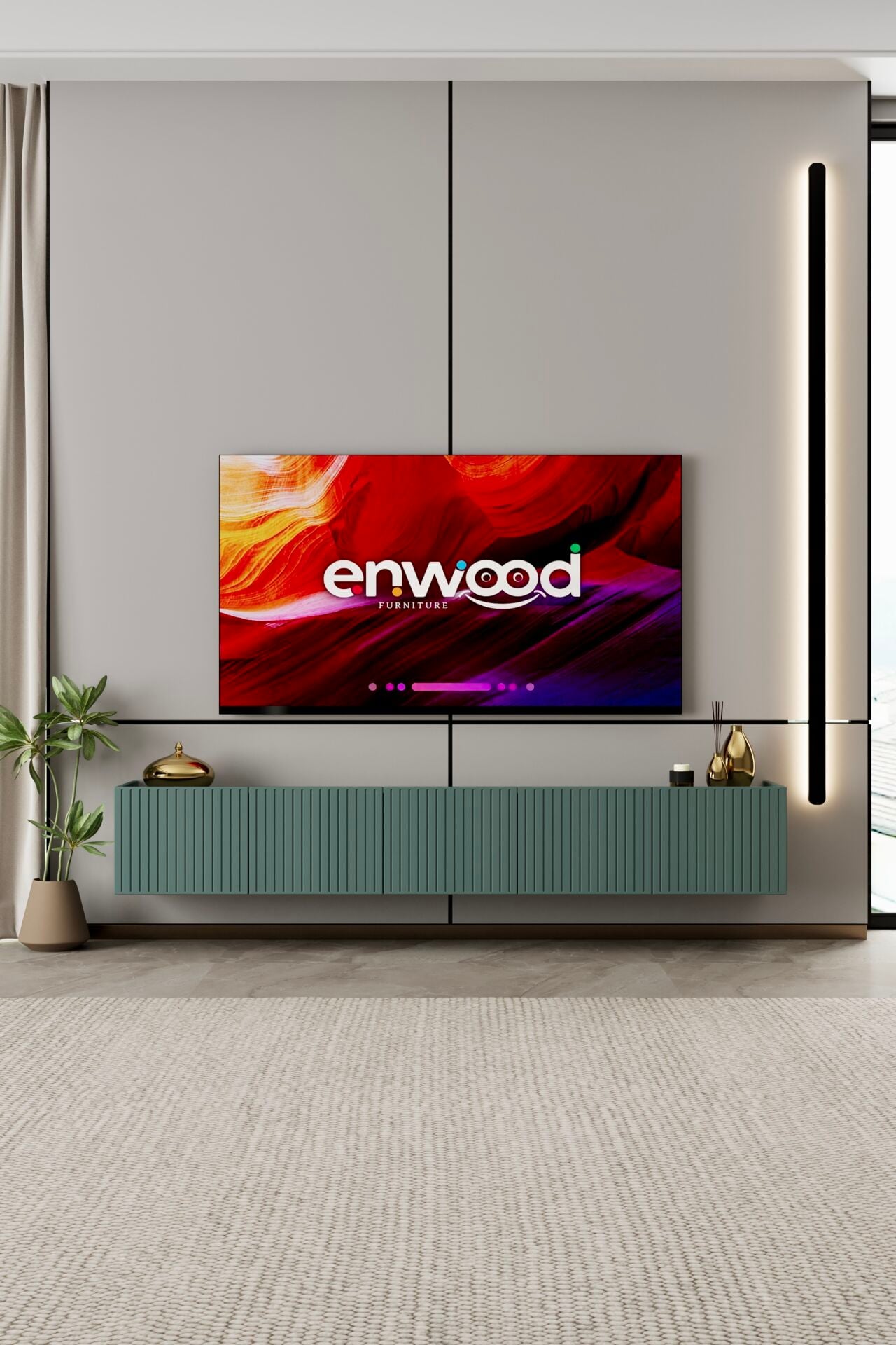 Capella 200 cm Duvara Monte TV Ünitesi | 5 Kapaklı MDF ZEYTİN TAŞI