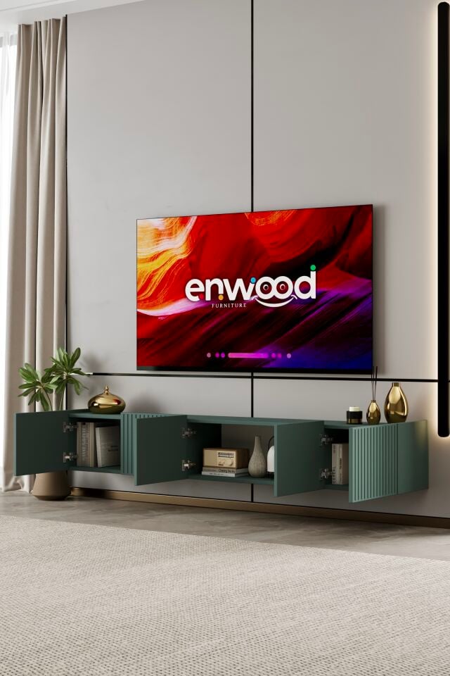 Capella 200 cm Duvara Monte TV Ünitesi | 5 Kapaklı MDF ZEYTİN TAŞI