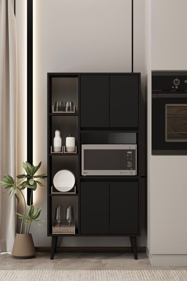 LİNEA Fırın Dolabı - MDF - 160 CM - Çok Amaçlı Dolap SİYAH