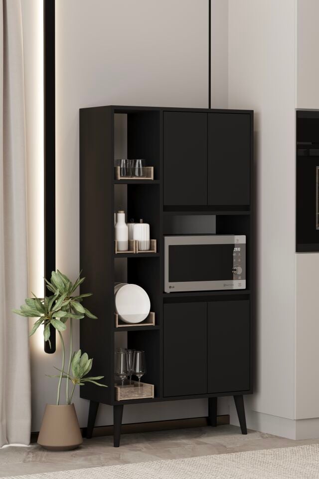 LİNEA Fırın Dolabı - MDF - 160 CM - Çok Amaçlı Dolap SİYAH