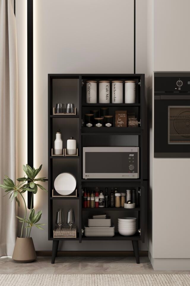 LİNEA Fırın Dolabı - MDF - 160 CM - Çok Amaçlı Dolap SİYAH