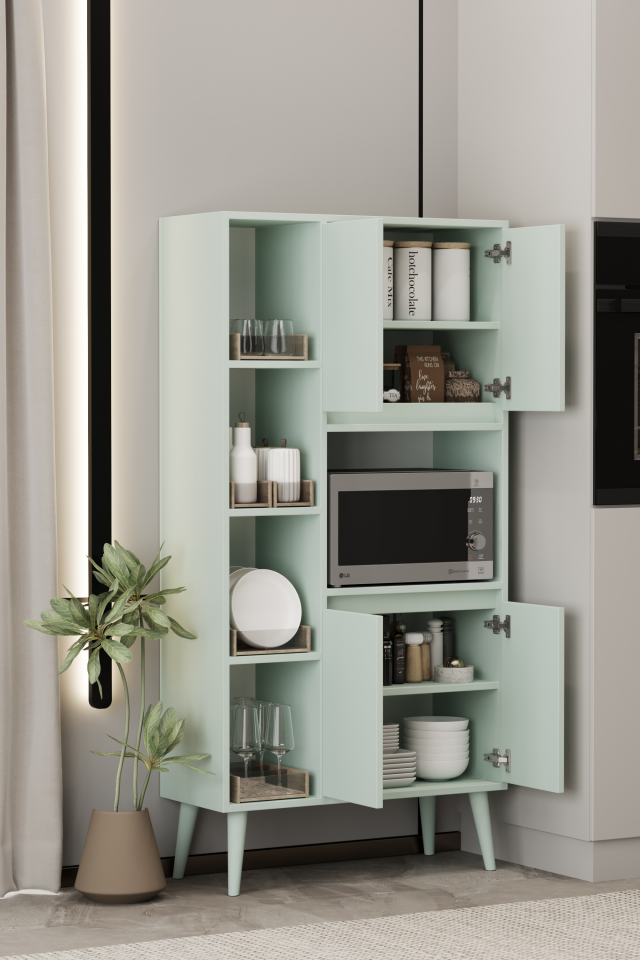 LİNEA Fırın Dolabı - MDF - 160 CM - Çok Amaçlı Dolap MİNT YEŞİLİ