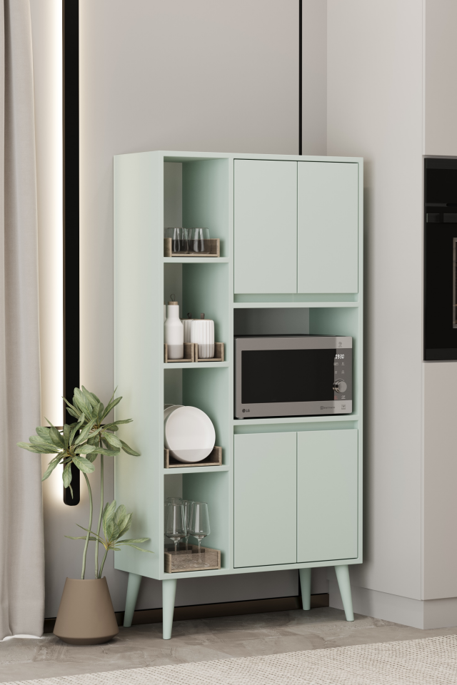 LİNEA Fırın Dolabı - MDF - 160 CM - Çok Amaçlı Dolap MİNT YEŞİLİ