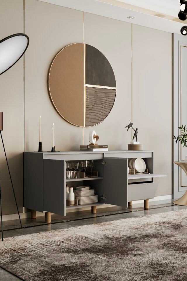 MİLA Ahşap Ayaklı Konsol - MDF - 140 CM SİS GRİ