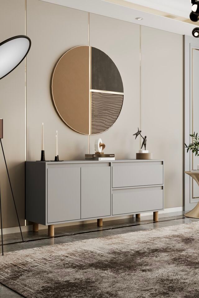 MİLA Ahşap Ayaklı Konsol - MDF - 140 CM SİS GRİ