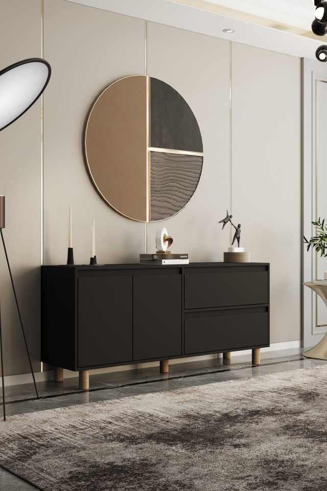 MİLA Ahşap Ayaklı Konsol - MDF - 160 CM SİYAH