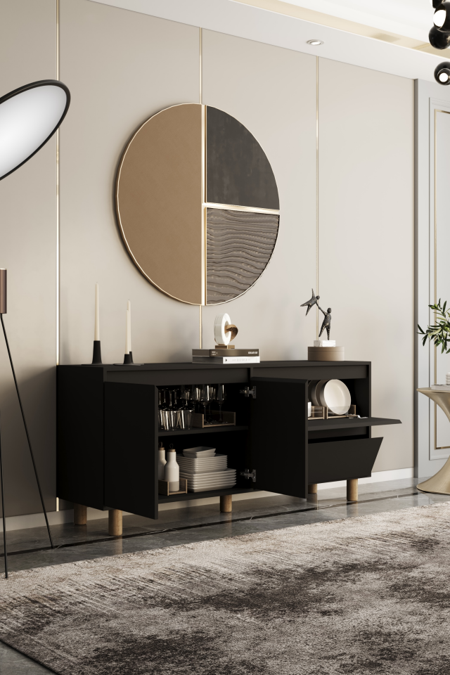 MİLA Ahşap Ayaklı Konsol - MDF - 160 CM SİYAH