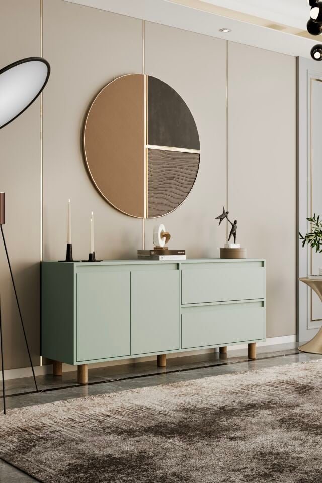 MİLA Ahşap Ayaklı Konsol - MDF - 160 CM MİNT YEŞİLİ