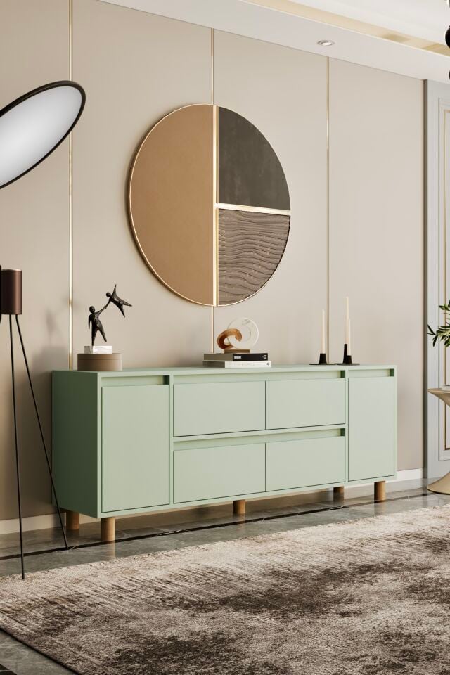 MİLA Ahşap Ayaklı Konsol - MDF - 180 CM MİNT YEŞİLİ