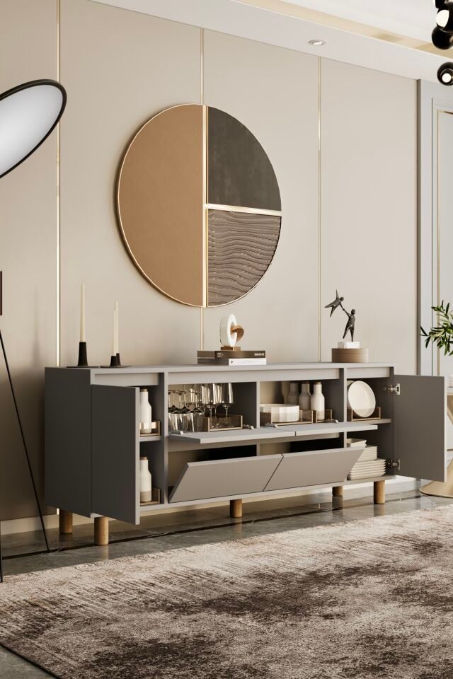 MİLA Ahşap Ayaklı Konsol - MDF - 200 CM SİS GRİ