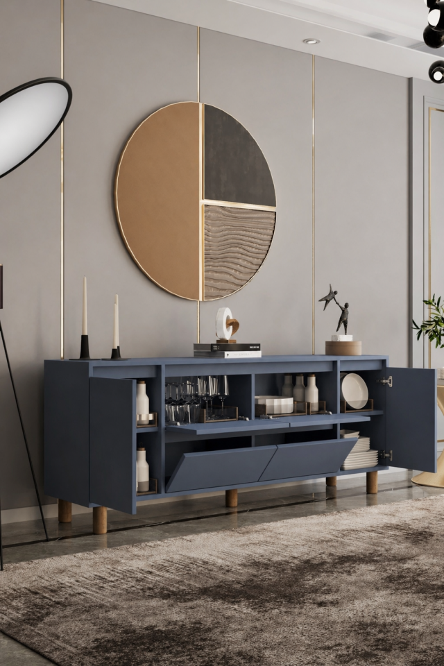 MİLA Ahşap Ayaklı Konsol - MDF - 200 CM DUMAN MAVİ