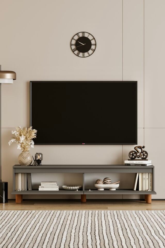 MİLA TV Ünitesi Ahşap Ayaklı 2 Kapaklı - MDF - 120 CM GRİ