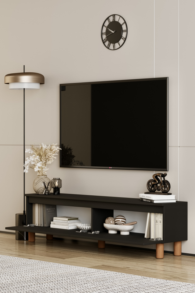 MİLA TV Ünitesi Ahşap Ayaklı 2 Kapaklı - MDF - 120 CM SİYAH