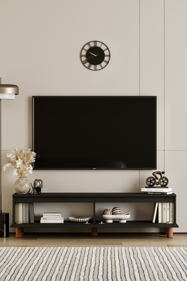 MİLA TV Ünitesi Ahşap Ayaklı 2 Kapaklı - MDF - 120 CM SİYAH
